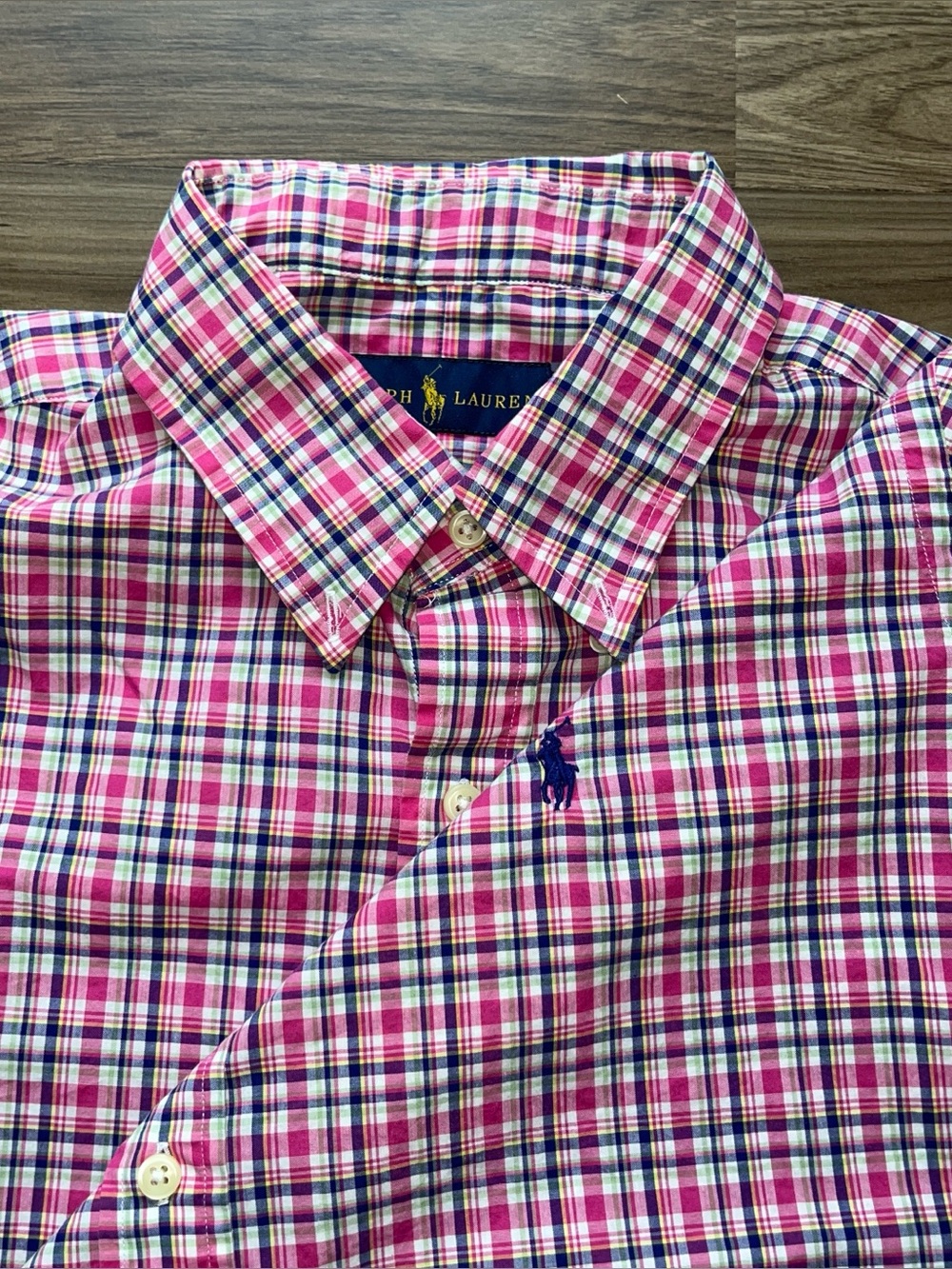 Polo Ralph Lauren Men’s L Short Sleeve Shirt Blue Pink Plaid Button up Navy Pony